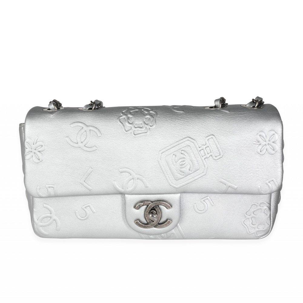 Chanel Silver Embossed Precious Symbols Single Flap Bag